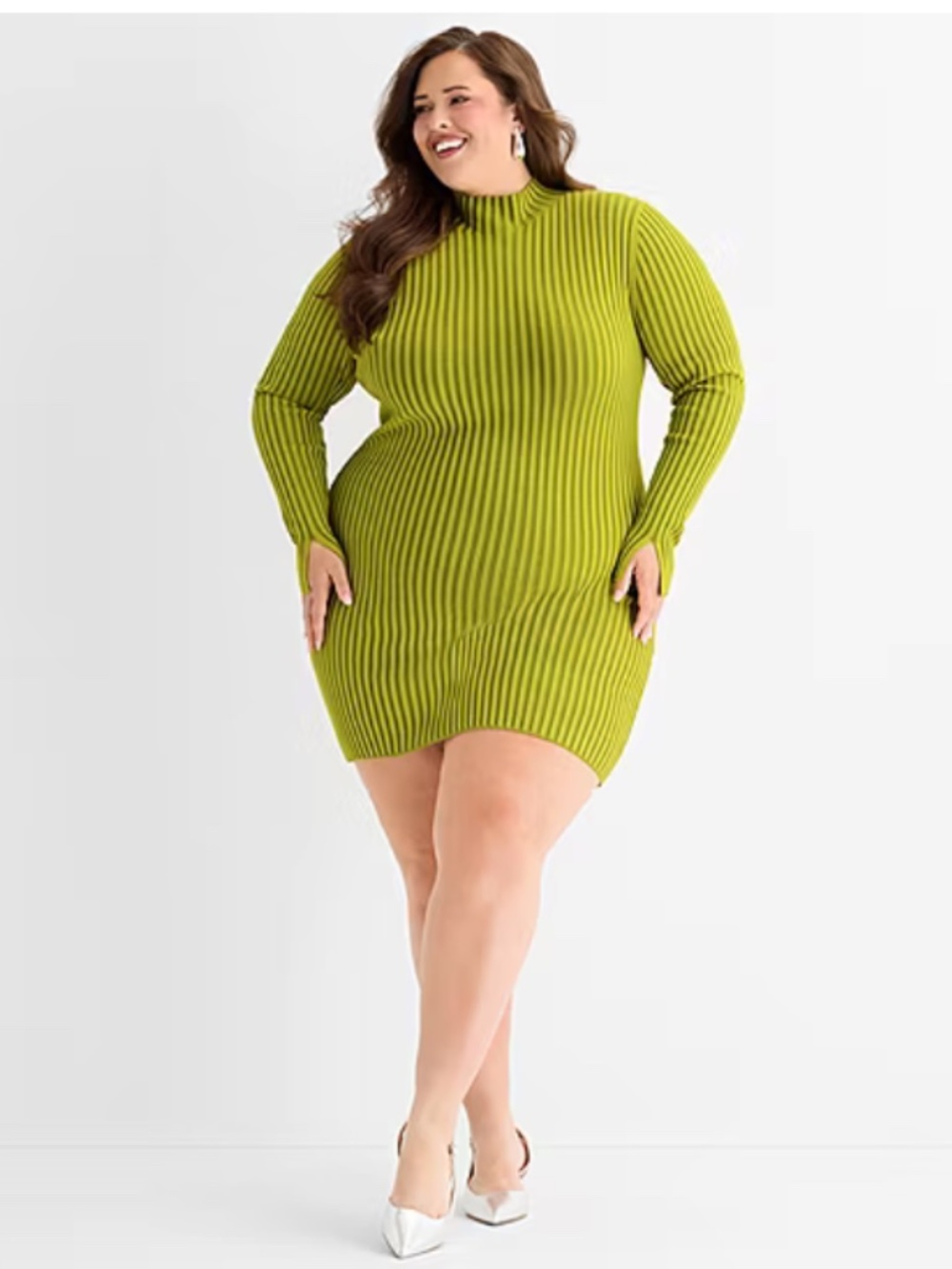 Ashley Graham Ribbed Sweater Dress 4X Olive Green Mock Neck Stretch Knit